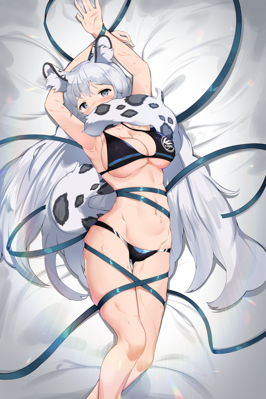 1girl animal_ear_fluff animal_ears arknights armpits arms_up bare_arms bikini black_bikini breasts commentary feet_out_of_frame gappt grey_eyes groin highres large_breasts leopard_ears leopard_tail long_hair navel pramanix_(arknights) silver_hair solo stomach swimsuit tail thighs very_long_hair