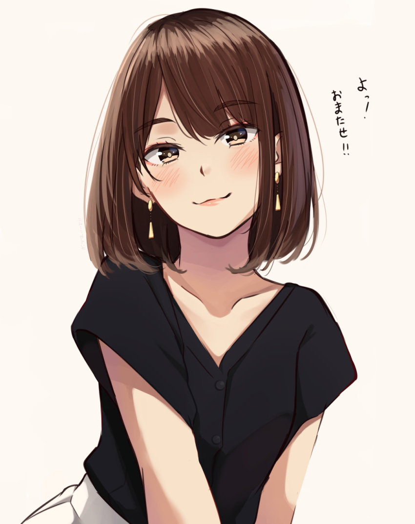 1girl bangs black_shirt blush brown_background brown_eyes brown_hair closed_mouth collarbone commentary_request earrings eyebrows_visible_through_hair highres jewelry kapatarou looking_at_viewer original shirt short_sleeves simple_background skirt smile solo translation_request upper_body white_skirt