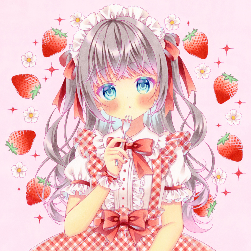 1girl :o bangs blue_eyes blush bow bowtie buttons collared_shirt commentary cowboy_shot crossed_bangs eyebrows_visible_through_hair flower food fork fruit grey_hair hair_ribbon hand_up highres holding holding_fork long_hair looking_at_viewer maid_headdress original parted_lips puffy_sleeves puu_(kari---ume) red_bow red_bowtie ribbon shirt short_sleeves sidelocks simple_background sleeve_ribbon solo sparkle strawberry wrist_cuffs