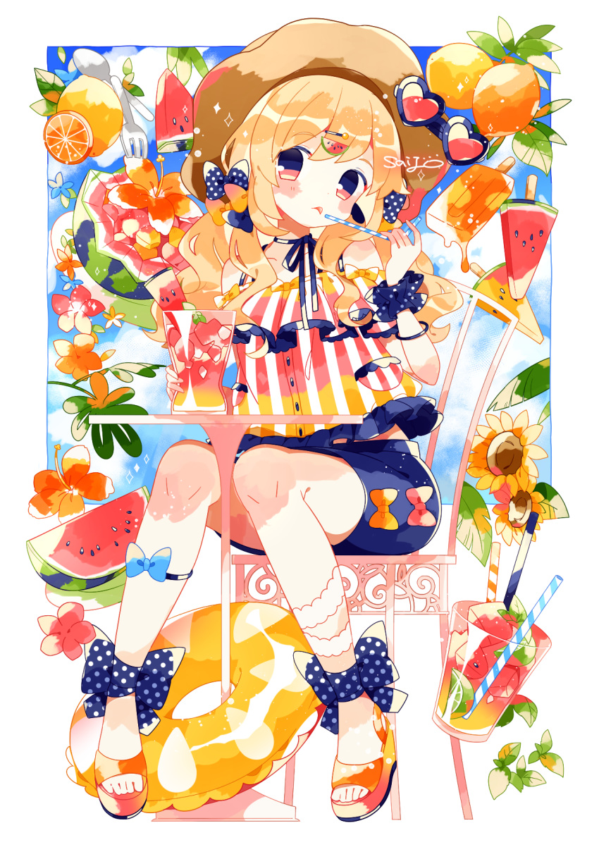 1girl ankle_bow blonde_hair blue_eyes bow bowtie chair flower food food_themed_hair_ornament fruit hair_ornament hat heart heart-shaped_eyewear highres lemon multicolored multicolored_eyes orange original pink_eyes popsicle saijo1201 sandals sitting solo sunflower sunglasses toes watermelon watermelon_hair_ornament