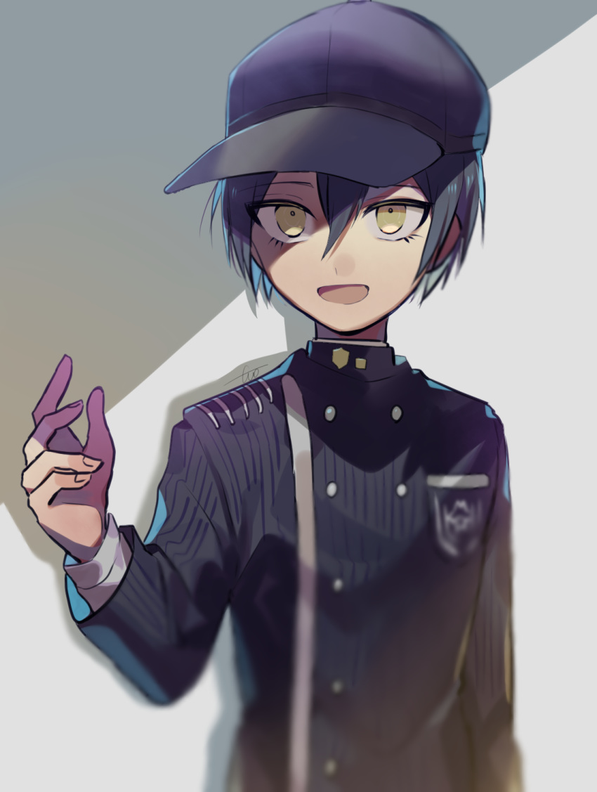 1boy :d ahoge arm_at_side baseball_cap black_hair black_headwear black_jacket commentary_request dangan_ronpa gakuran hair_between_eyes hand_up hat highres huyuharu0214 jacket male_focus multicolored multicolored_clothes multicolored_jacket new_dangan_ronpa_v3 open_mouth saihara_shuuichi school_uniform signature smile solo striped yellow_eyes