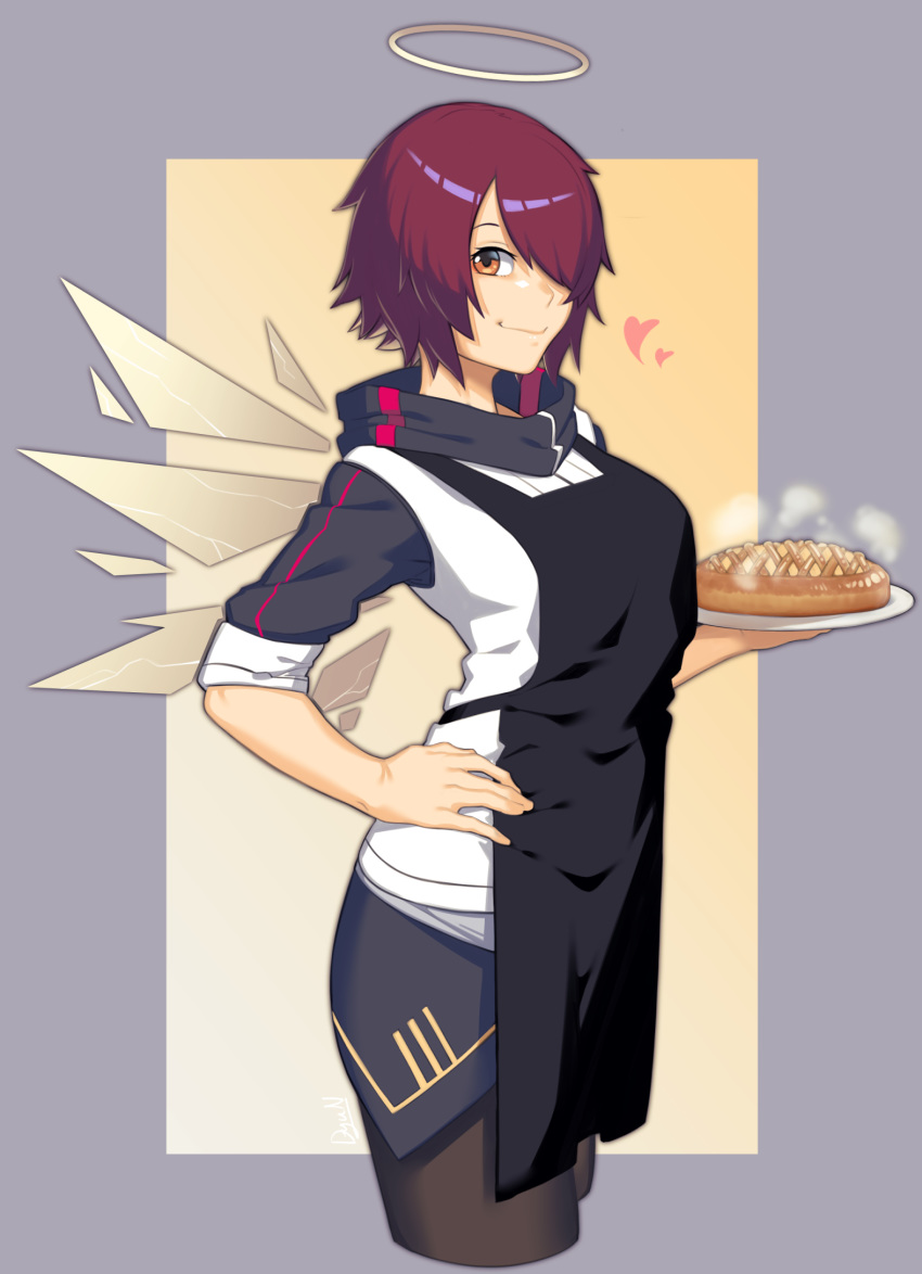 1girl apple_pie apron arknights artist_name asymmetrical_bangs bangs black_apron black_legwear black_skirt breasts closed_mouth commentary cowboy_shot detached_wings dyun exusiai_(arknights) grey_background hair_over_one_eye halo hand_on_hip heart highres holding holding_plate jacket looking_at_viewer medium_breasts miniskirt orange_eyes pantyhose parted_bangs plate redhead short_hair signature simple_background skirt smile solo steam two-tone_background white_jacket wings yellow_background