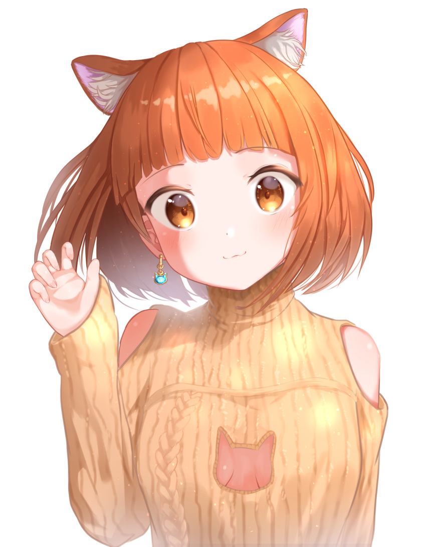 1girl :3 animal_ear_fluff animal_ears bangs bare_shoulders blush breast_cutout cat_earrings cat_ears claw_pose closed_mouth commentary_request earrings eyebrows_visible_through_hair fingernails hand_up highres idolmaster idolmaster_cinderella_girls jewelry kitami_yuzu looking_at_viewer orange_eyes orange_hair ribbed_sweater shiny shiny_hair short_hair simple_background smile solo sweater takeroku white_background