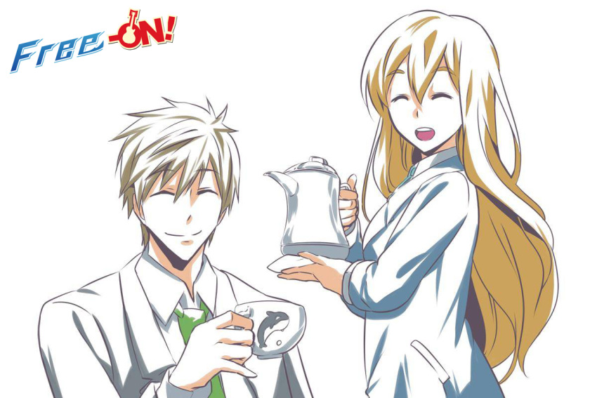 1boy 1girl blonde_hair brown_hair closed_eyes company_connection free! k-on! kotobuki_tsumugi kyoto_animation long_hair open_mouth school_uniform short_hair smile tachibana_makoto teacup teapot