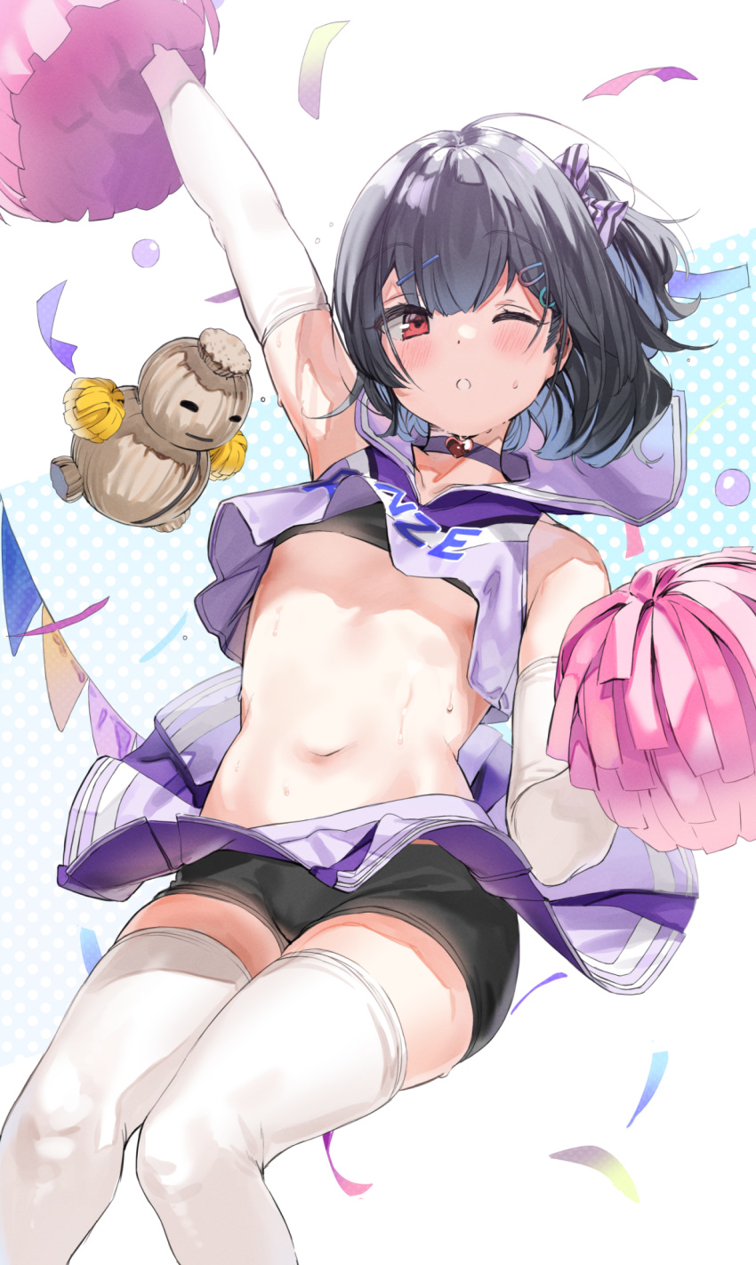 1girl :o ahoge aqua_background arm_up bangs bare_shoulders black_bra black_hair black_shorts blush bow bra breasts character_name cheering cheerleader choker clothes_writing collarbone commentary_request confetti crop_top doll elbow_gloves eyebrows_visible_through_hair feet_out_of_frame floating floating_object from_below gloves hair_bow hair_ornament hairclip hand_up heart heart_choker highres holding holding_pom_poms idolmaster idolmaster_shiny_colors kanzarin_(hoochikiss) knees_together_feet_apart midriff miniskirt morino_rinze navel one_eye_closed one_side_up outstretched_arm parted_lips pleated_skirt polka_dot polka_dot_background pom_poms purple_bow purple_choker purple_sailor_collar purple_shirt purple_skirt red_eyes sailor_collar shiny shiny_hair shirt short_hair shorts shorts_under_skirt skirt skirt_lift sleeveless sleeveless_shirt small_breasts solo standing stomach straw_doll string_of_flags striped striped_bow sweat thigh-highs two-tone_background underwear upskirt white_background white_gloves white_legwear