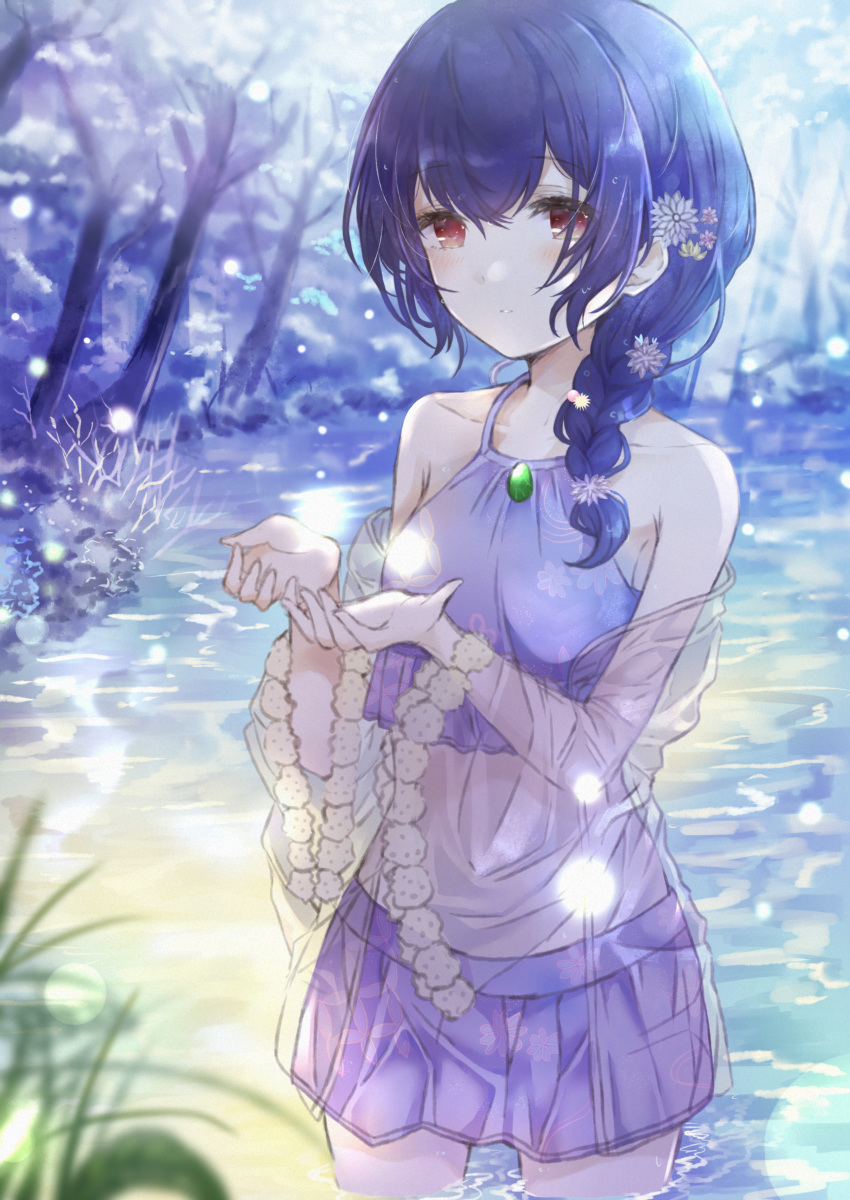 1girl absurdres bare_shoulders bikini_skirt blush braid braided_ponytail branch floral_print flower forest grass hair_flower hair_ornament hair_over_shoulder halterneck highres huge_filesize idolmaster idolmaster_shiny_colors lavender_bikini morino_rinze namamake nature outdoors see-through see-through_sleeves solo swimsuit tankini tree water