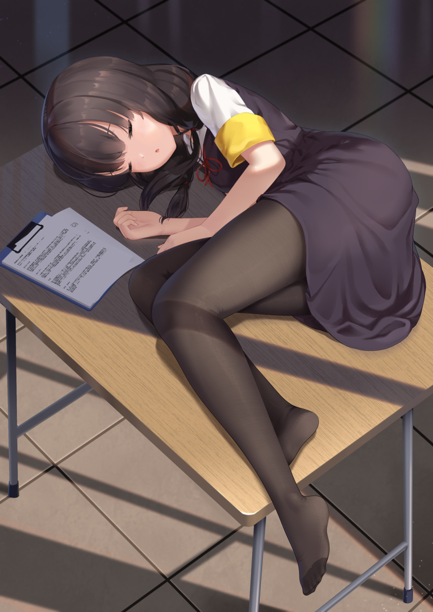 1girl armband black_hair black_legwear black_skirt closed_eyes full_body highres iino_miko indoors kaguya-sama_wa_kokurasetai_~tensai-tachi_no_renai_zunousen~ lying medium_hair no_shoes on_side on_table pantyhose paper school_uniform short_sleeves skirt sleeping solo table too-ye