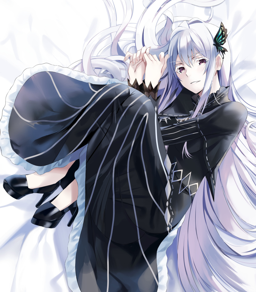 1girl bangs bed_sheet black_capelet black_dress black_footwear breasts butterfly_hair_ornament capelet commentary dress echidna_(re:zero) eyebrows_visible_through_hair eyelashes fingernails frilled_dress frills from_above full_body hair_between_eyes hair_ornament hands_together high_heels highres knees_to_chest long_dress long_hair long_sleeves looking_at_viewer looking_up lying nikek96 on_bed on_side parted_lips re:zero_kara_hajimeru_isekai_seikatsu sidelocks silver_hair solo striped striped_dress vertical-striped_dress vertical_stripes very_long_hair violet_eyes white_eyelashes