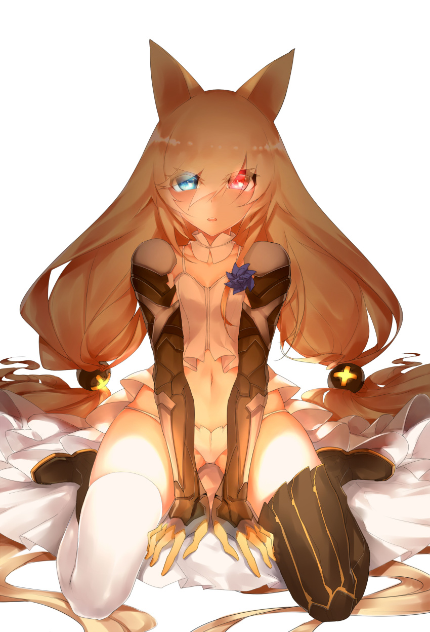 1girl absurdly_long_hair absurdres animal_ears black_footwear blonde_hair blue_eyes boots cat_ears commentary_request detached_collar flower full_body g41_(girls_frontline) girls_frontline gloves heterochromia highres horz long_hair looking_at_viewer low-tied_long_hair mismatched_legwear navel panties partial_commentary red_eyes shirt sitting solo thigh-highs thigh_boots twintails underwear very_long_hair wariza white_background white_legwear white_panties white_shirt