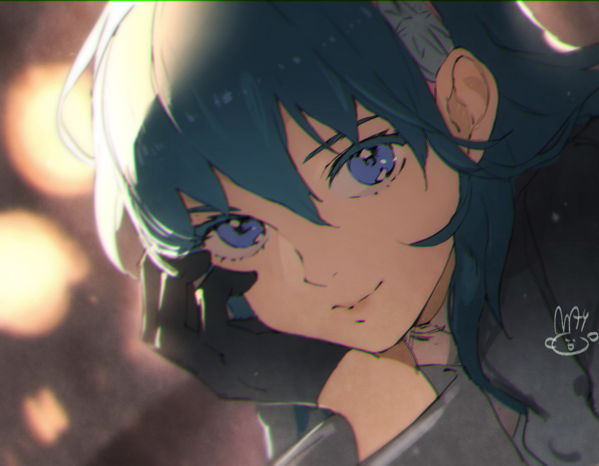 1girl black_gloves blue_eyes blue_hair byleth_(fire_emblem) byleth_eisner_(female) closed_mouth commentary_request face fire_emblem fire_emblem:_three_houses gloves hair_between_eyes hair_ornament jacket light long_sleeves mayo_(becky2006) medium_hair smile solo