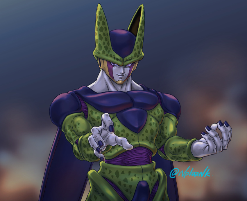 1boy artist_name blurry blurry_background cell_(dragon_ball) commentary_request dragon_ball dragon_ball_z fingernails hands_up looking_to_the_side male_focus muscle naomi_(nplusn) parted_lips perfect_cell pink_eyes smile smirk solo teeth wings