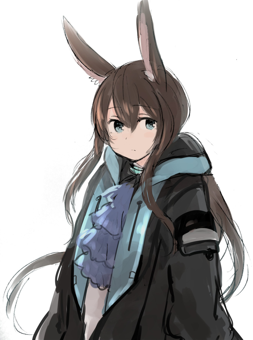 1girl absurdres amiya_(arknights) animal_ear_fluff animal_ears arknights black_coat blue_eyes blue_neckwear brown_hair closed_mouth coat commentary cravat eyebrows_visible_through_hair hair_between_eyes highres inazakura00 long_hair long_sleeves looking_at_viewer open_clothes open_coat ponytail rabbit_ears sketch solo upper_body very_long_hair