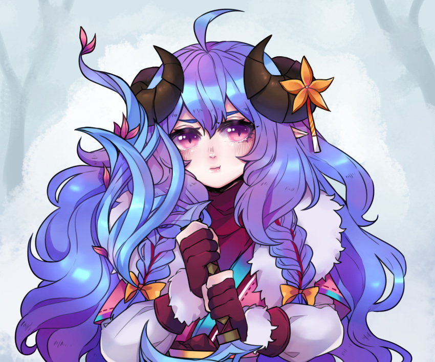 1girl :t absurdres ahoge alternate_costume alternate_eye_color alternate_hair_color alternate_hairstyle bangs blue_hair blush curled_horns fingerless_gloves flower fur gloves hair_between_eyes hair_flower hair_ornament hair_ribbon highres holding holding_weapon horns kindred lamb_(league_of_legends) league_of_legends long_hair looking_at_viewer outdoors ping_eyes pout purple_hair ribbon single_fingerless_glove solo spirit_blossom_kindred twintails user_rfnu7338 weapon