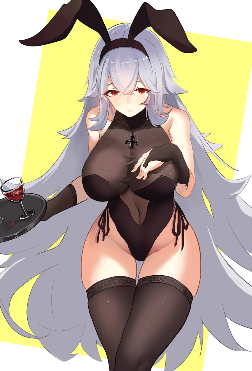 1girl absurdres animal_ears ass_visible_through_thighs azur_lane bare_shoulders black_legwear black_swimsuit blush breasts bridal_gauntlets brown_legwear casual_one-piece_swimsuit fake_animal_ears graf_zeppelin_(azur_lane) graf_zeppelin_(beachside_urd)_(azur_lane) highleg highleg_leotard highres impossible_clothes impossible_swimsuit iron_cross large_breasts leotard long_hair navel_cutout one-piece_swimsuit photoshop_(medium) rabbit_ears red_eyes revision see-through silver_hair skindentation swimsuit thigh-highs very_long_hair wjn-rance