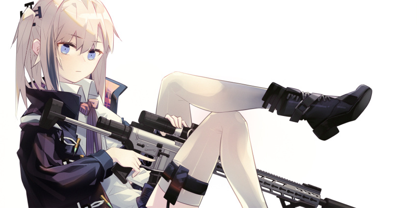 1girl ar-15 black_footwear black_jacket blue_eyes blue_hair boots closed_mouth collared_shirt commentary cuicuijiao expressionless eyebrows_visible_through_hair full_body girls_frontline gun highres holding holding_gun holding_weapon jacket leg_up long_hair long_sleeves looking_at_viewer multicolored_hair one_side_up pink_hair purple_neckwear rifle shirt simple_background sitting st_ar-15_(girls'_frontline) streaked_hair thigh-highs thigh_strap weapon white_background white_legwear white_shirt