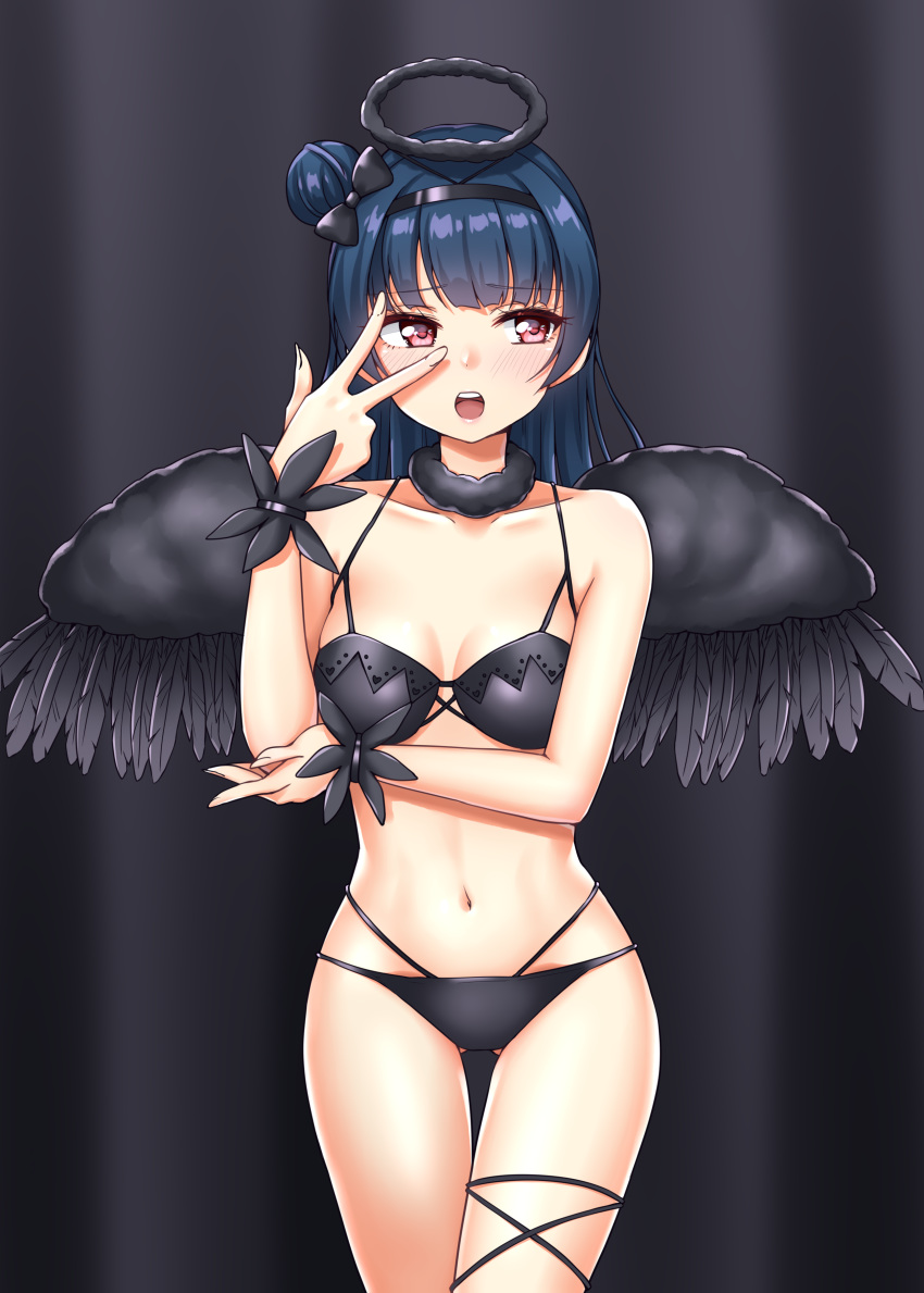 absurdres bikini bikini_bottom bikini_top black_bikini black_wings blue_hair blush bow breasts dark_halo hair_bow hair_ornament highres love_live! love_live!_sunshine!! navel open_mouth red_eyes side_bun solo swimsuit takochan77 tsushima_yoshiko v_over_eye wings