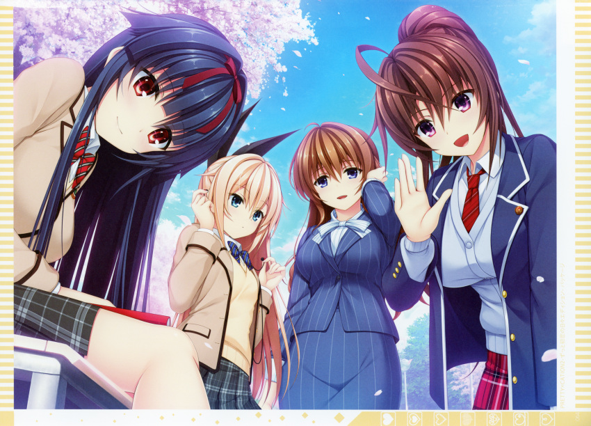 4girls ahoge asami_asami ashiya_suzuka bangs black_hair blazer blonde_hair blue_eyes blue_sky blush book bow breasts brown_hair clouds cloudy_sky day eyebrows_visible_through_hair hair_bow hairband hand_up hayase_chitose_(pretty_x_cation) highres himekawa_honami huge_filesize jacket kurashiki_azusa long_hair long_sleeves looking_at_viewer medium_breasts multiple_girls necktie official_art open_mouth outdoors ponytail pretty_x_cation_2 red_eyes scan school_uniform shiny shiny_hair shiny_skin simple_background sitting skirt sky smile striped tied_hair vertical_stripes violet_eyes