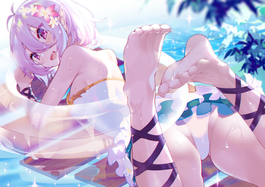 1girl antenna_hair bangs bare_shoulders barefoot blush breasts calder elf feet flower frilled_swimsuit frills hair_between_eyes hair_flower hair_ornament kokkoro_(princess_connect!) legs_up looking_at_viewer lying open_mouth pink_eyes pointy_ears princess_connect! princess_connect!_re:dive short_hair silver_hair small_breasts smile solo swimsuit toes wet white_flower