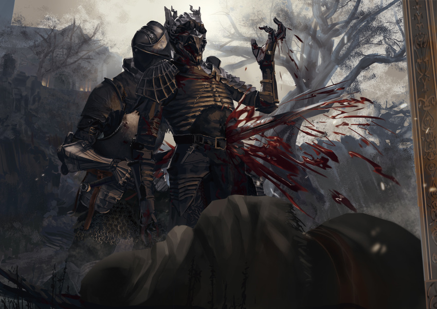 3boys armor belt belt_buckle bleeding blood bloody_weapon branch buckle chain dark_souls dark_souls_iii death firelink_shrine full_armor gauntlets helmet highres holding holding_sword holding_weapon hood hood_up impaled liyou-ryon multiple_boys outdoors painterly pauldrons scratches shoulder_armor souls_(from_software) stabbing sword tombstone torn_clothes tree vambraces weapon