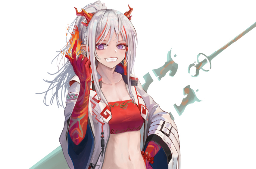 1girl arknights bandeau bangs bead_bracelet beads bracelet commentary eyeshadow grin hand_on_hip hand_up highres horns jacket jewelry kure_(kure_90) long_hair looking_at_viewer makeup midriff multicolored_hair navel nian_(arknights) open_clothes open_jacket redhead silver_hair simple_background smile solo stomach strapless streaked_hair tubetop upper_body violet_eyes white_background white_jacket