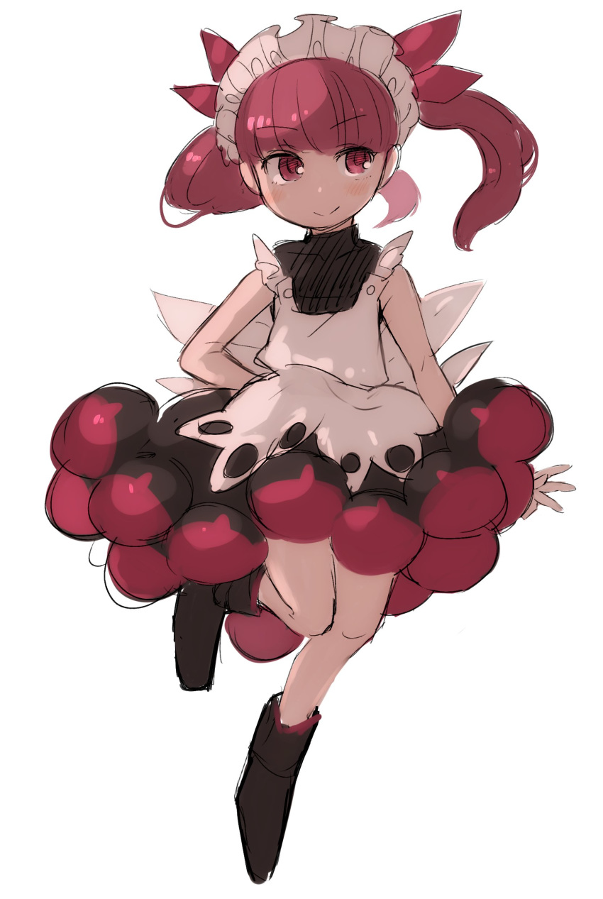 1girl absurdres ankle_boots apron arms_at_sides bangs black_dress blunt_bangs blush boots bow closed_mouth dress eyebrows_visible_through_hair full_body hair_bow highres inazakura00 kemurikusa maid_headdress red_bow red_dress red_eyes redhead rina_(kemurikusa) simple_background smile solo twintails white_apron white_background