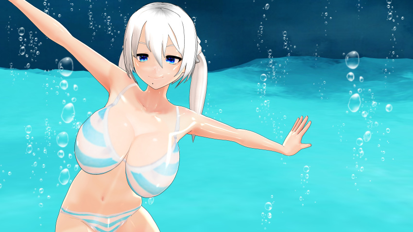 1girl absurdres aqua_background bikini blue_eyes breasts bubble cowboy_shot highres large_breasts long_hair nanatakanashi navel ocean_bottom original outstretched_arms sidelocks smile solo striped striped_bikini swimsuit twintails underwater white_hair
