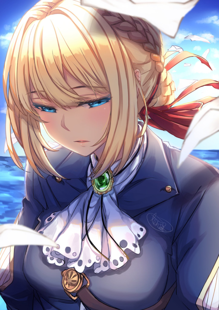 1girl bangs blue_eyes blue_jacket blue_sky blush braid brooch clouds crown_braid english_commentary envelope eyebrows_visible_through_hair hair_between_eyes hair_intakes highres jacket jewelry looking_down pink_lips red_ribbon ribbon sidelocks sky strap tenmuki violet_evergarden violet_evergarden_(character) water white_neckwear