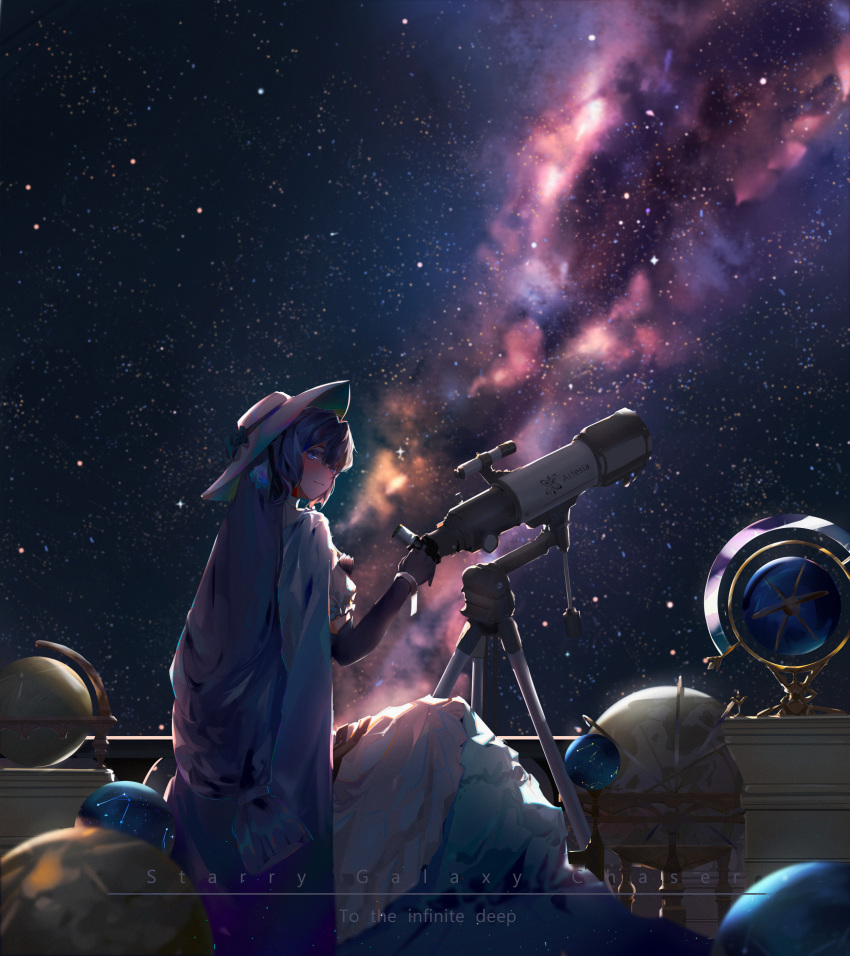 absurdres arknights astesia_(arknights) blue_eyes blue_hair blush dress galaxy gloves hat highres long_hair long_skirt looking_at_viewer mkt_(pixiv15187870) skirt sky space star_(sky) starry_sky telescope white_dress white_headwear white_skirt