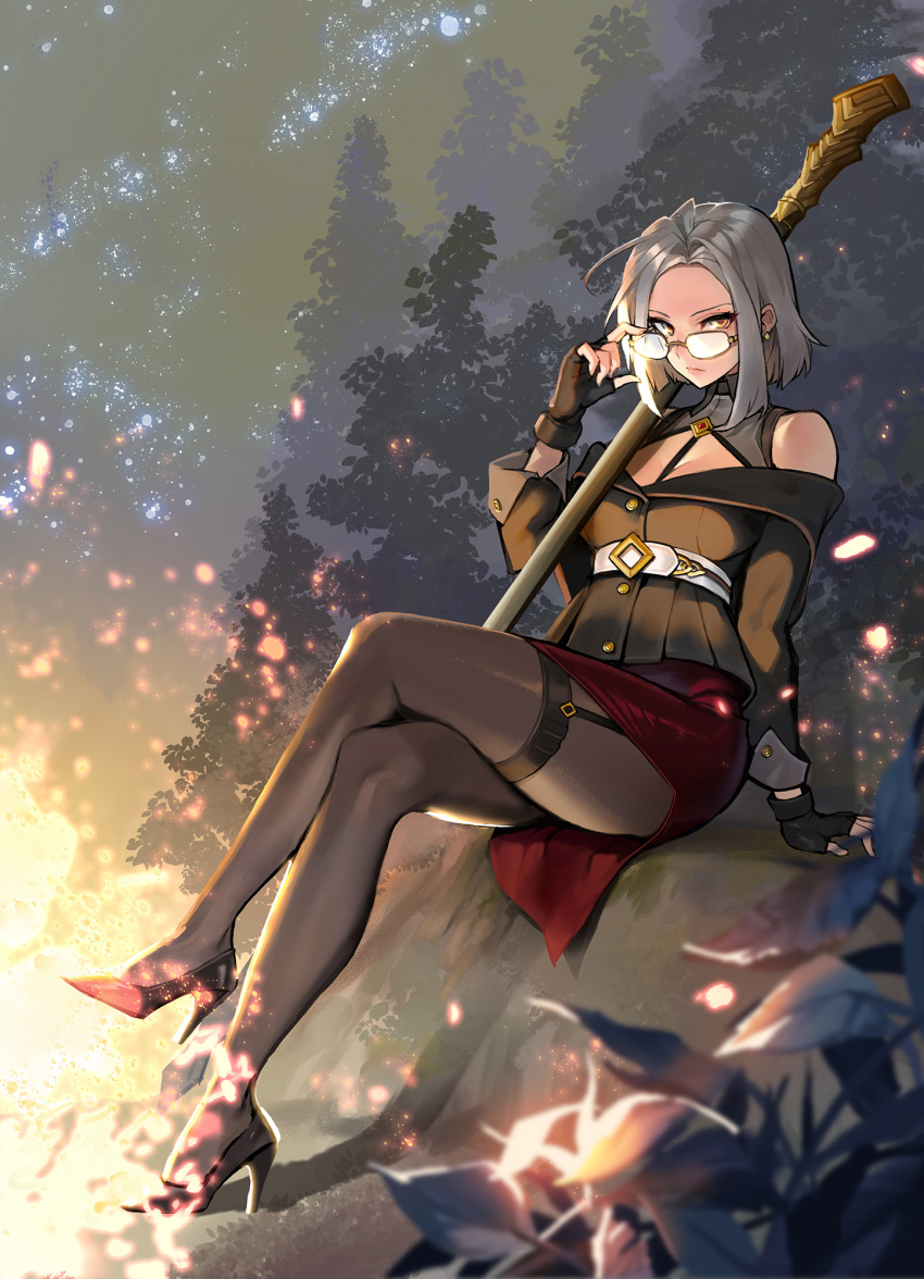 1girl belt black_blouse black_gloves black_high_heels black_legwear blouse crossed_legs earrings epic7 fingerless_gloves garter_straps glaring glasses gloves grey_hair high_heels highres holding holding_eyewear jewelry looking_at_viewer medium_hair red_skirt rein00 rock scythe sigret_(epic7) sitting skirt solo thigh-highs tree white_belt yellow_eyes