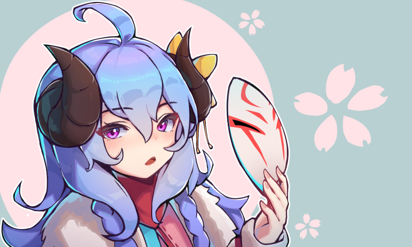 1girl ahoge alternate_costume alternate_eye_color alternate_hair_color alternate_hairstyle blue_hair bongnom cherry_blossoms curled_horns dress eyebrows_visible_through_hair flower fur hair_between_eyes hair_flower hair_ornament highres holding holding_mask horns japanese_clothes kindred lamb_(league_of_legends) league_of_legends long_hair long_sleeves looking_at_viewer mask mask_removed open_mouth purple_hair simple_background solo spirit_blossom_kindred twintails white_fur
