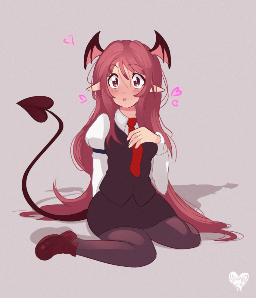 1girl :o alizera62 armband artist_name bat_wings black_legwear black_skirt black_vest blush breasts brown_footwear collared_shirt commentary demon_tail dress_shirt english_commentary eyebrows_visible_through_hair full-face_blush full_body grey_background hair_between_eyes hand_on_own_chest head_wings heart highres juliet_sleeves koakuma loafers long_hair long_sleeves necktie pantyhose pointy_ears puffy_sleeves red_eyes red_neckwear redhead shadow shirt shoes sidelocks simple_background sitting skirt skirt_set small_breasts solo tail touhou very_long_hair vest wariza white_shirt wide-eyed wings