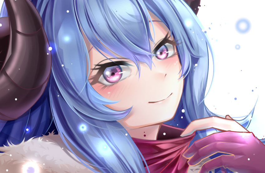 1girl alternate_hair_color alternate_hairstyle blue_hair blush fingerless_gloves fur gloves hair_between_eyes highres horns japanese_clothes kindred lamb_(league_of_legends) league_of_legends long_hair long_sleeves looking_at_viewer netisz open_eyes pink_eyes simple_background solo spirit_blossom_kindred white_background white_fur