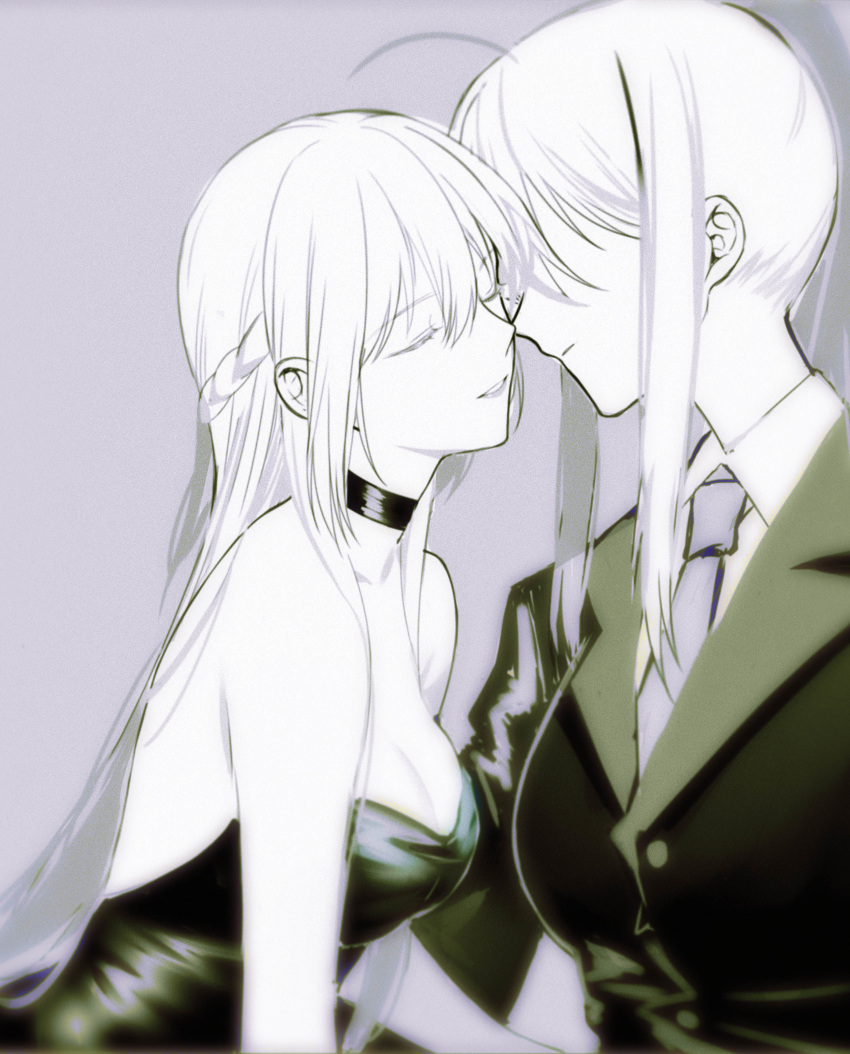 absurdres artoria_pendragon_(all) artoria_pendragon_(lancer) backless_dress backless_outfit breasts choker closed_eyes dress faceless faceless_female fate/grand_order fate_(series) formal grey_background greyscale hair_between_eyes hair_over_eyes highres imminent_kiss long_hair medium_breasts monochrome morgan_le_fay_(fate) necktie sketch strapless strapless_dress suit yorukun yuri