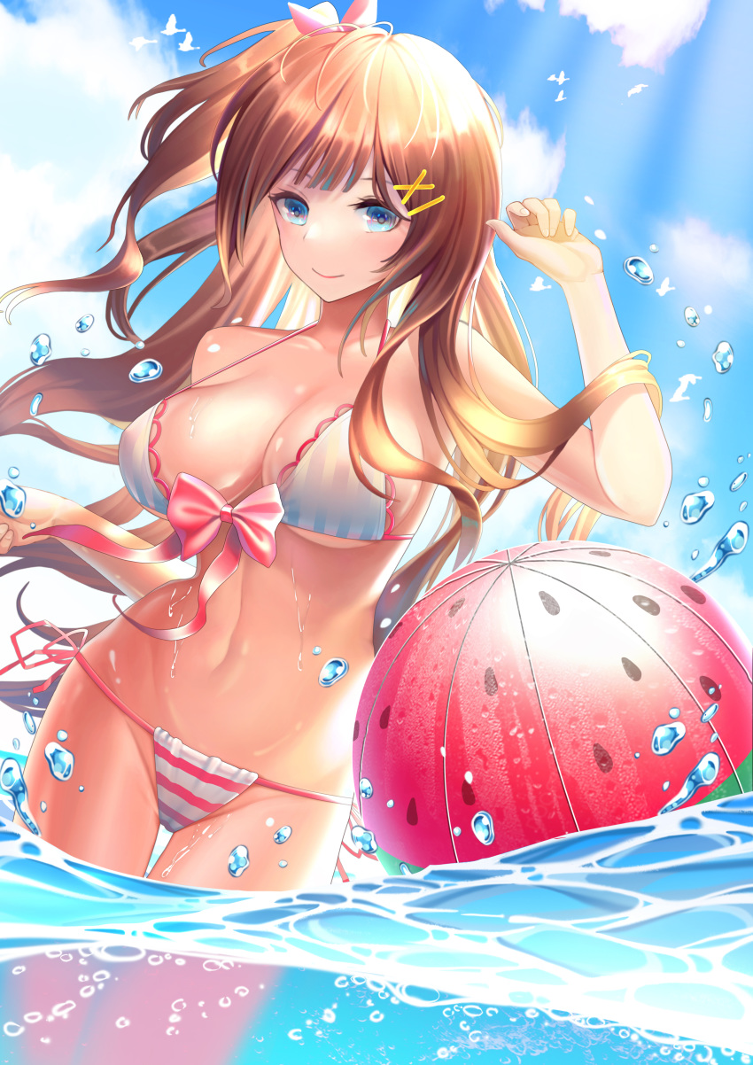1girl absurdres ball bangs beachball bikini bird blue_eyes bow breasts brown_hair day front-tie_bikini front-tie_top hair_bow hair_ornament hairclip highres hldz large_breasts long_hair looking_at_viewer navel ocean one_side_up original outdoors pink_bow side-tie_bikini sky smile solo strap_gap string_bikini striped striped_bikini swimsuit vertical-striped_bikini vertical_stripes very_long_hair wading water water_drop watermelon_beachball wet wind x_hair_ornament