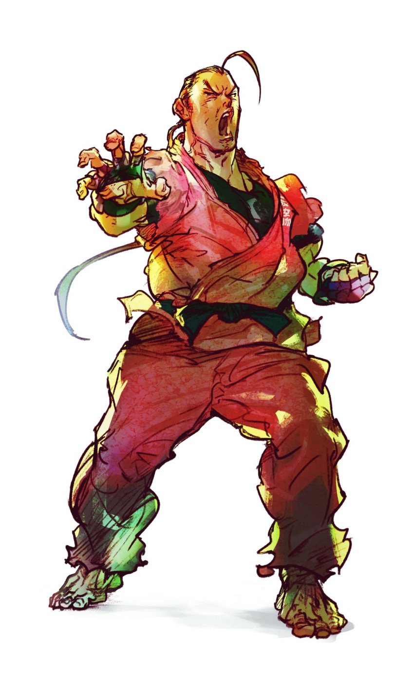 1boy absurdres ahoge barefoot brown_hair capcom clenched_hand dougi fighting_stance fingerless_gloves gloves hibiki_dan highres official_art open_hand open_mouth simple_background solo street_fighter street_fighter_v v-shaped_eyebrows