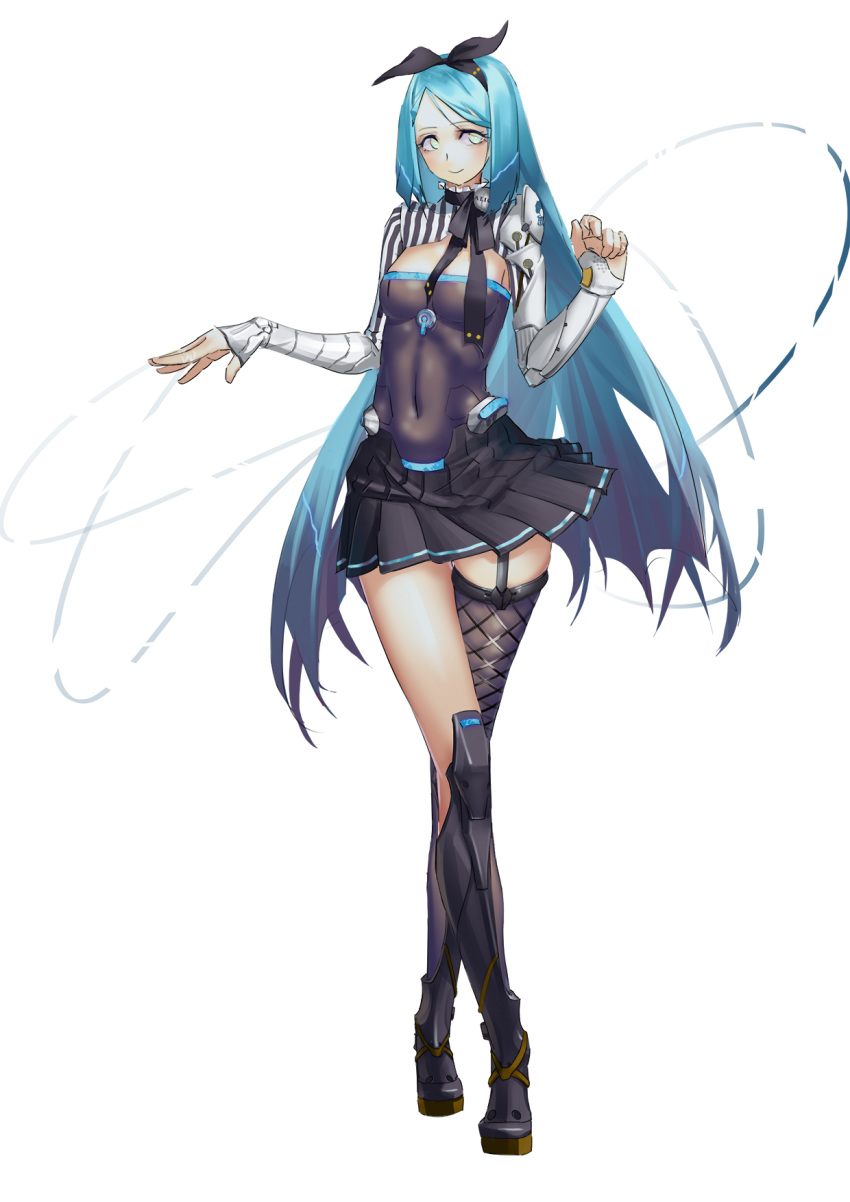 1girl alice_(liyou-ryon) black_bow black_choker black_skirt blue_hair bow character_name choker closed_mouth covered_navel fishnet_legwear fishnets frills green_eyes highres liyou-ryon long_hair mechanical_arm original simple_background skirt smile solo standing striped weapon white_background wire