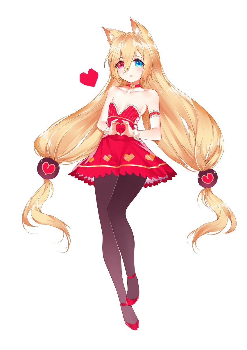 1girl absurdres animal_ears bangs black_legwear blonde_hair blue_eyes blush breasts choker collarbone dress eyebrows_visible_through_hair g41_(girls_frontline) girls_frontline heart heart_print heterochromia highres horz long_hair looking_at_viewer pantyhose red_dress red_eyes red_footwear shoes small_breasts solo truth twintails white_background