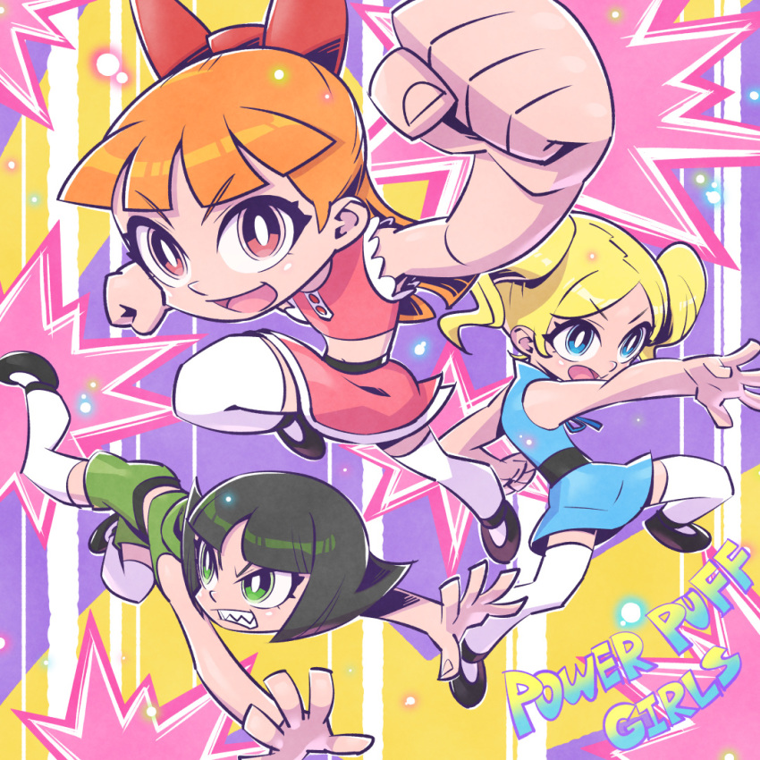 3girls bangs black_hair blonde_hair blossom_(ppg) blue_eyes bubbles_(ppg) buttercup_(ppg) clenched_hand eyebrows_visible_through_hair green_eyes kicking midriff multiple_girls navel open_hand open_mouth orange_hair powerpuff_girls punching red_eyes sunafuki_tabito twintails v-shaped_eyebrows