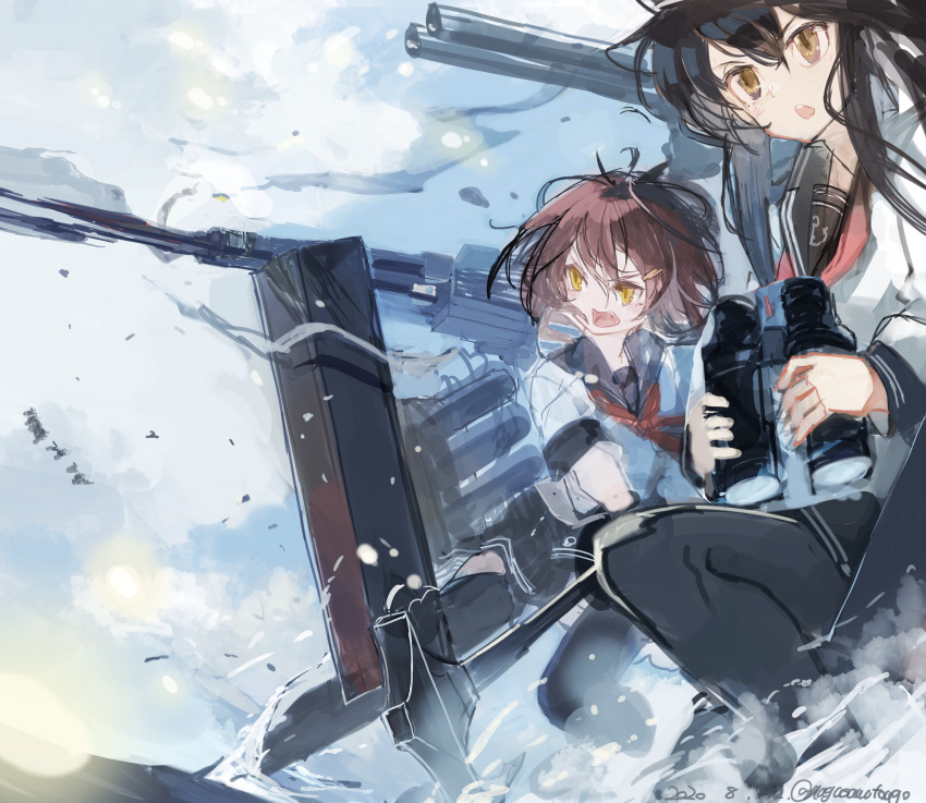 2girls akatsuki_(kantai_collection) bangs binoculars black_legwear black_skirt brown_eyes brown_hair dated day fang hair_ornament hairclip hat highres holding holding_binoculars ikazuchi_(kantai_collection) kantai_collection long_hair long_sleeves multiple_girls nagasawa_tougo open_mouth outdoors pleated_skirt rigging sailor_collar school_uniform serafuku short_hair skirt sky smoke thigh-highs twitter_username water yellow_eyes