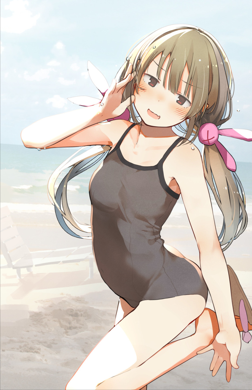 1girl bangs beach black_swimsuit blunt_bangs blush brown_hair clouds commentary_request flip-flops fuu_fuu highres looking_at_viewer natori_sana ocean one-piece_swimsuit open_mouth red_eyes sana_channel sandals sky solo standing standing_on_one_leg swimsuit twintails wet