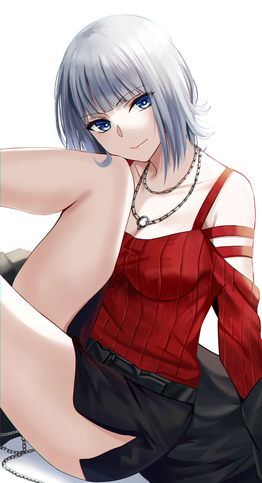 1girl bangs belt black_skirt blue_eyes breasts eyebrows_visible_through_hair grey_hair highres jewelry knee_up looking_at_viewer medium_breasts necklace nikek96 original red_shirt ribbed_shirt shirt short_hair shoulder_cutout side_slit sidelocks sitting skirt smile solo