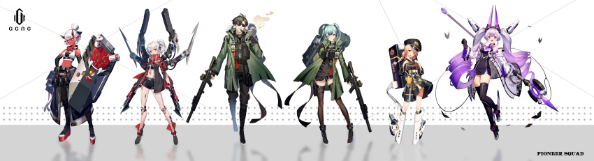 1boy 5girls :d absurdres ankle_boots aqua_hair arm_pouch assault_rifle backpack bag bandaid bare_shoulders bayonet belt_pouch black_gloves black_sclera blade blonde_hair boots braid brown_hair cable cigar commentary_request cross-laced_footwear cyborg demon_girl demon_horns dress drill_hair dual_wielding earpiece elbow_gloves explosive extra_arms eyebrows_visible_through_hair facial_mark facial_scar fingerless_gloves full_body fysc gloves gradient_hair green_eyes green_jacket grenade gun hand_on_hip handgun hat headgear high_collar high_heels highres holding holding_shield holding_staff holster holstered_weapon horns id_card jacket joints long_hair looking_at_viewer mask_around_neck mechanical_arm medium_hair midriff multicolored_hair multiple_girls navel off-shoulder_jacket off_shoulder open_mouth original pants partially_unzipped peaked_cap platform_footwear pointy_ears ponytail pouch power_symbol purple_hair red_eyes red_skin rifle robot_joints scar scar_on_cheek science_fiction shield shiny shiny_clothes short_hair short_shorts shorts shoulder_tattoo skirt smile smoke smoking snap-fit_buckle staff streaked_hair sunglasses tattoo thigh-highs thigh_boots thigh_holster thigh_pouch translation_request trigger_discipline twin_braids twin_drills twintails two-tone_hair unzipped upper_teeth very_long_hair violet_eyes weapon wheel white_hair white_jacket yellow_eyes zipper zipper_pull_tab
