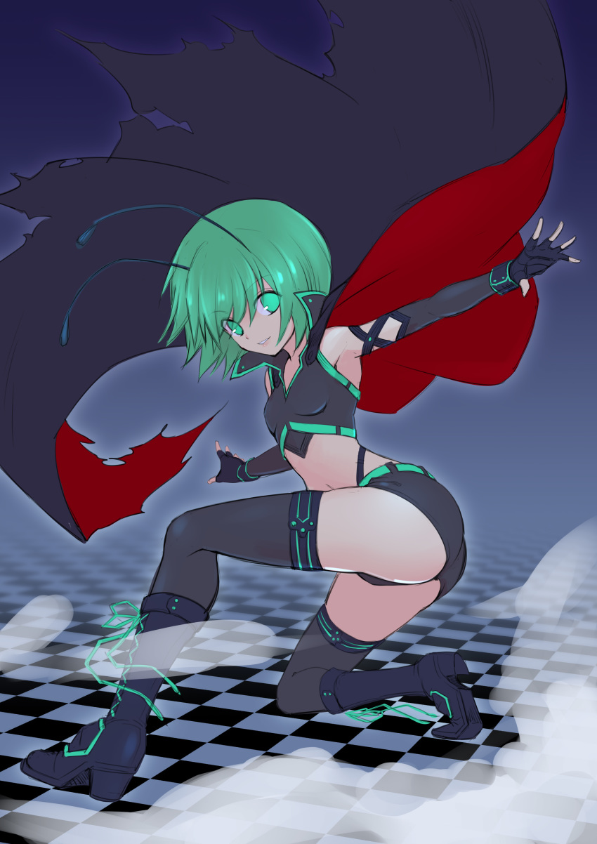 1girl absurdres alternate_costume antennae ass bangs bare_shoulders black_cape black_gloves black_legwear black_shirt boots breasts cape checkered checkered_floor dust_cloud elbow_gloves eyebrows_visible_through_hair eyes_visible_through_hair fingerless_gloves full_body gloves green_eyes green_hair high_heel_boots high_heels highres hijikawa_arashi knee_boots light_smile looking_at_viewer midriff one_knee outstretched_arms parted_lips pose red_cape shirt short_hair short_shorts shorts sketch small_breasts solo thigh-highs touhou two-sided_cape two-sided_fabric wriggle_nightbug