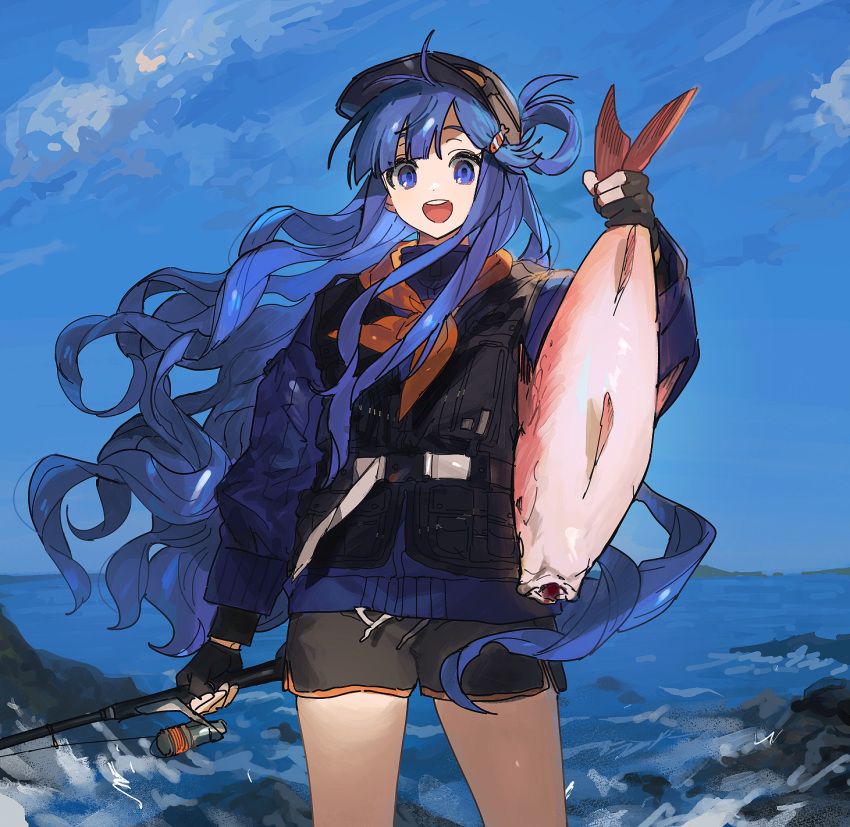 1girl animal asari_nanami bangs bare_legs black_gloves black_shorts black_vest blue_eyes blue_hair blue_jacket blue_sky blunt_bangs commentary_request feet_out_of_frame fingerless_gloves fish fish_hair_ornament fishing_rod gloves hair_ornament hair_rings highres holding holding_animal holding_fish holding_fishing_rod idolmaster idolmaster_cinderella_girls jacket long_hair long_sleeves looking_at_viewer lunch_(lunchicken) open_mouth short_shorts shorts sky solo standing turtleneck upper_teeth vest