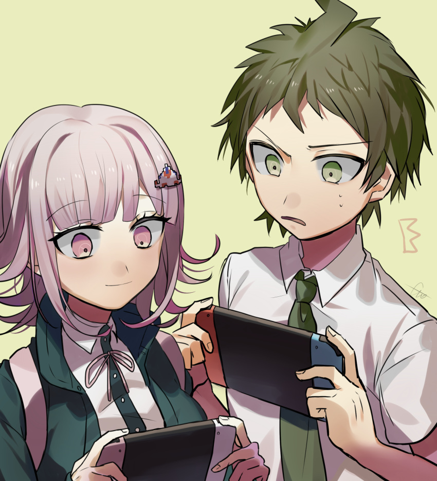 1boy 1girl backpack bag bangs beige_background breasts brown_hair commentary_request crown_print dangan_ronpa eyebrows_visible_through_hair face flipped_hair frown green_jacket green_neckwear hair_ornament hairclip handheld_game_console highres hinata_hajime holding holding_handheld_game_console huyuharu0214 jacket large_breasts looking_down nanami_chiaki neck_ribbon necktie nintendo_switch open_mouth pink_eyes pink_hair ribbon shirt short_hair short_sleeves smile super_dangan_ronpa_2 upper_body white_shirt wing_collar