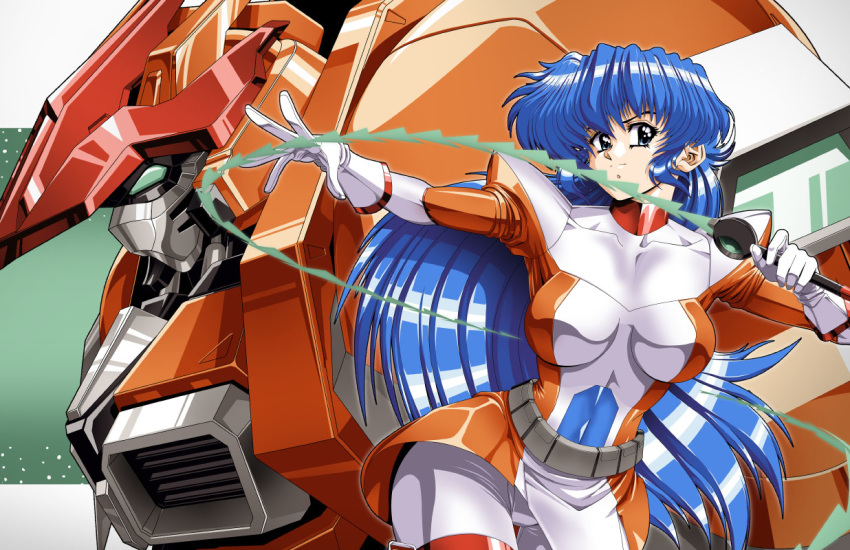 1990s_(style) armor belt belt_pouch blue_eyes blue_hair bodysuit breasts collarbone dennis_pulido energy_sword flame_(panzer_paladin) gloves holding holding_weapon impossible_bodysuit impossible_clothes large_breasts long_hair looking_at_viewer mecha multicolored multicolored_bodysuit multicolored_clothes no_headwear no_helmet orange_bodysuit outstretched_arm paladin_(panzer_paladin) panzer_paladin pouch shoulder_armor skindentation skirt sword thigh_gap weapon whip_sword white_bodysuit white_gloves