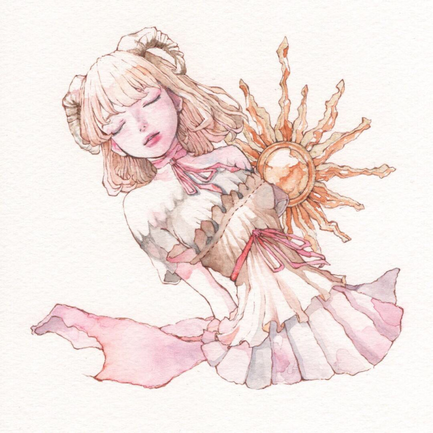 12yun30 1girl blonde_hair choker closed_eyes commentary dress english_commentary facing_viewer horns lips medium_hair original parted_lips pink_choker pink_lips pink_ribbon pleated_dress ribbon ribbon_choker sheep_horns short_sleeves solo sun traditional_media watercolor_(medium) white_background white_dress