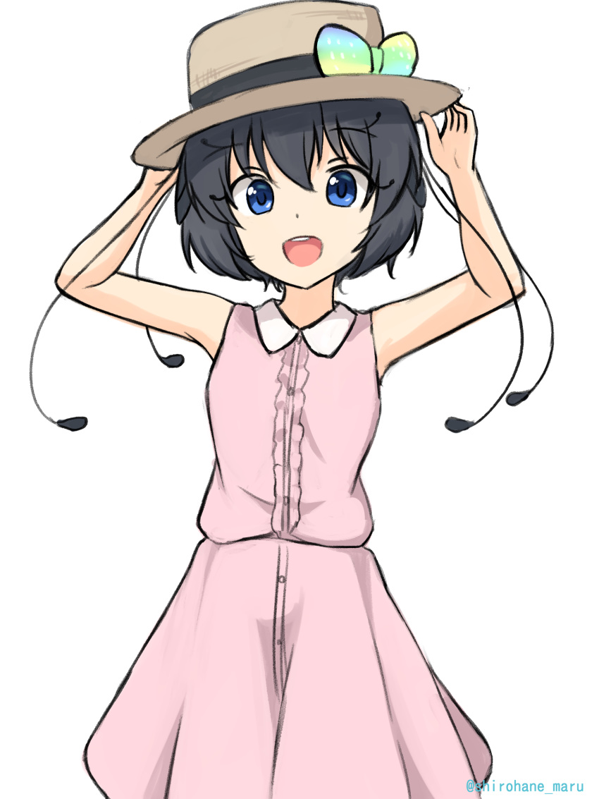 1girl :d absurdres alternate_costume antennae arms_up bangs bare_arms black_hair blue_eyes bow casual center_frills eyebrows_visible_through_hair hair_between_eyes hands_on_headwear hat hat_bow highres kemono_friends looking_at_viewer multicolored_bow open_mouth pink_shirt pink_skirt shiraha_maru shirt short_hair simple_background skirt sleeveless sleeveless_shirt smile solo twitter_username western_parotia_(kemono_friends) white_background