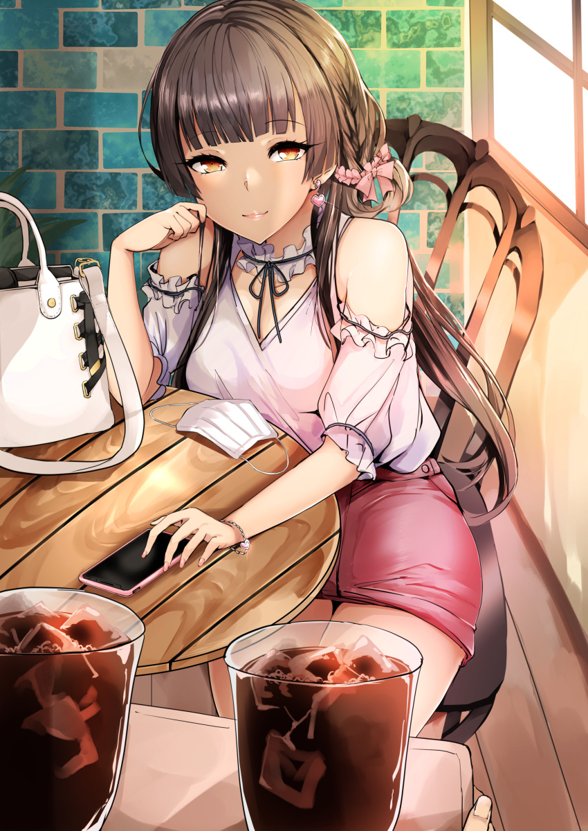 1girl absurdres agetama bag bangs bare_shoulders black_hair blunt_bangs bracelet breasts brown_hair cellphone chair commentary_request cup drink drinking_glass earrings eyebrows_visible_through_hair handbag highres idolmaster idolmaster_shiny_colors jewelry long_hair looking_at_viewer mayuzumi_fuyuko phone pov sitting skirt smartphone smile table
