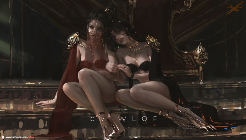 2girls arabian_clothes artist_name bandeau black_hair chain cousins earrings freckles ghostblade gold_chain green_eyes head_chain highres jewelry lips lipstick long_hair looking_at_another makeup mouth_veil multiple_girls patreon_username ponytail princess_aeolian princess_lylian red_lips red_lipstick shoulder_pads sitting throne watermark web_address wlop